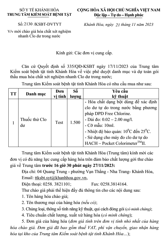 Mời chào giá hóa chất xét nghiệm nhanh Clo dư trong nước